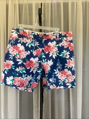 Lands' End Navy Floral Shorts with Coral and White Blooms